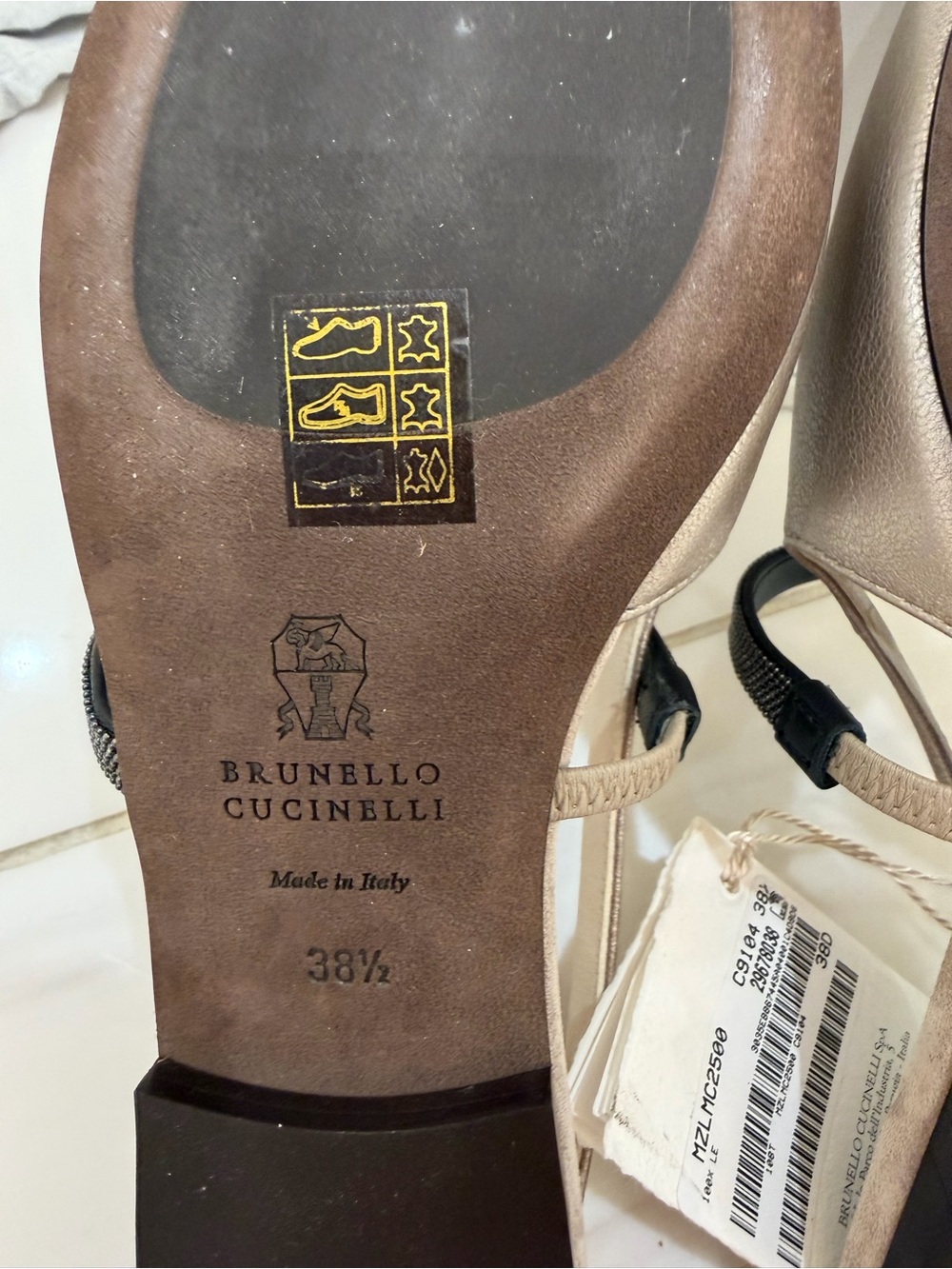 New Brunello Cucinelli Metallic Taupe Pointed Slingback Flats with Black Strap - Picture 7 of 8